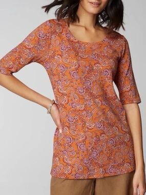 J Jill Orange Paisley Pima Slub Scoop Neck Side Slit Tunic Tee